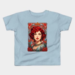 Bohemian Red Haired woman retro vintage floral design Kids T-Shirt